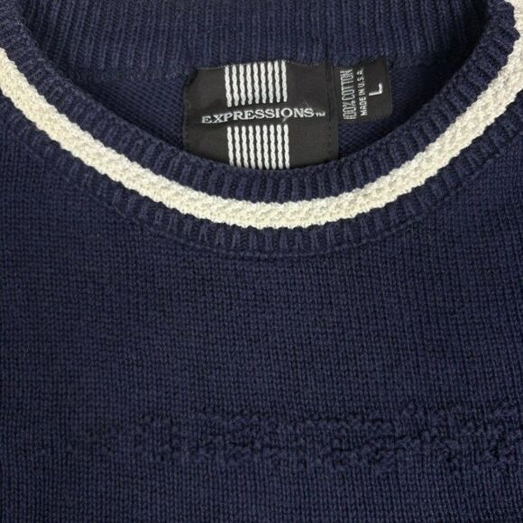 Vintage 90s Sweater L Navy Knit Sailboat Nautical Jacquard USA Made Preppy - Picture 5 of 6